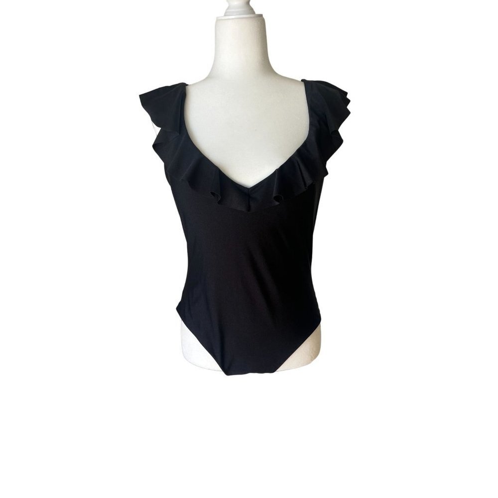 TAHARI Womens V-Neck Ruffled One Piece Swimsuit Size L